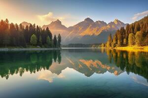 impresionante verano amanecer en eibsee lago con zugspitze montaña rango. ai generado foto