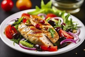 Grilled chicken breast with tomatoes, red pepper, organic green and kalamata olives. AI Generated photo