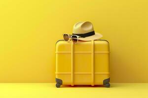 Yellow suitcase with sun glasses and hat on yellow background. travel concept. Generative AI photo