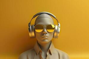 Minimal scene of sunglasses and headphones on human head sculpture, Music concept, 3d rendering. AI Generative photo