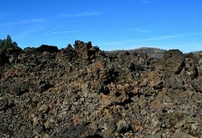 Black Lava Rock Field Under Blue Skies With little plant Growth photo