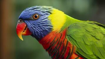 Side view Closeup of beautiful and colorful Lorikeet Green naped bird. Generative AI photo