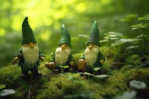 Toy Irish gnomes in a mystery forest, abstract green natural background. Generative AI photo