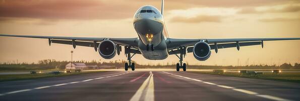 Airplane taking off from the airport. Generative AI photo