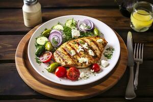 Seared chicken breast and Greek salad on a wooden table. Generative AI photo