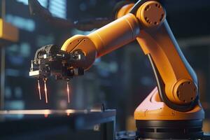 Arm robot working with Screen monitor control industrial machine robot arm line. Generative AI photo