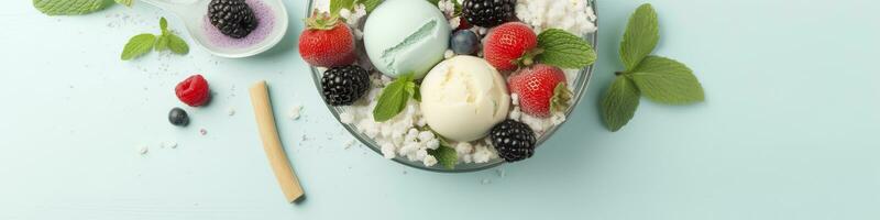 Scoops of Vanilla, mint leaves in a glass bowl, sprinkles, berries, and flowers. Generative AI photo