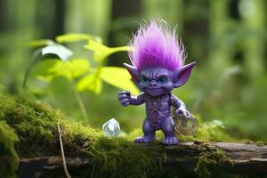 Tale troll with crystals in the forest, natural green background. Generative AI photo