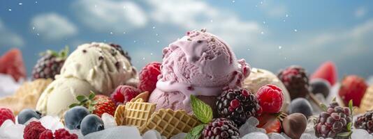 Banner with ice cream in a waffle cone on a summer day. Generative AI photo