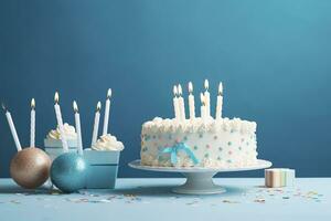 Birthday cake with candles and sweets on white table near blue wall. Generative AI photo