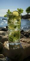 Stunning photo of cocktail mojito, a sunny summer beach in the background. Generative AI