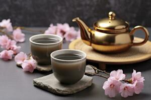 Traditional ceremony. Cups of brewed tea, teapot and sakura flowers on grey table. Generative AI photo