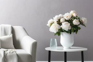 Vase of white peonies with coffee table and armchair near grey wall. Generative AI photo