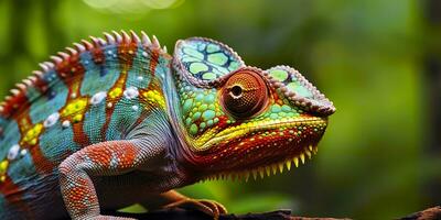 A colorful close up chameleon with a high crest on its head. Generative AI photo