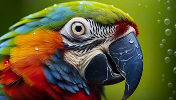 Tropical macaw perched, vibrant feathers in focus. Generative AI photo