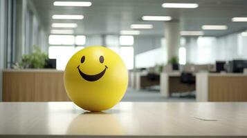 un amarillo sonriente pelota lata promover un positivo trabajo ambiente. generativo ai foto