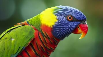 Side view Closeup of beautiful and colorful Lorikeet Green naped bird. Generative AI photo