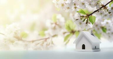 Toy house and cherry flowers, spring abstract natural background. Generative AI photo