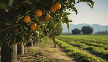 An orange tree is in the foreground with a farm field background. Generative AI photo