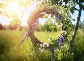 Rustic wildflowers wreath on a sunny meadow. Summer Solstice Day, Midsummer concept. Generative AI photo