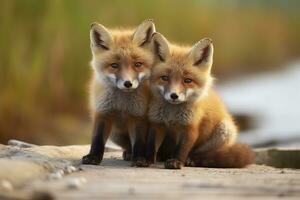 Wild baby red foxes cuddling at the beach. Generative AI photo