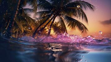Beach with waves and coconut trees at sunset. Generative AI photo