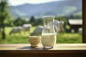 Glass pitcher with fresh milk on a wooden table. AI Generated photo