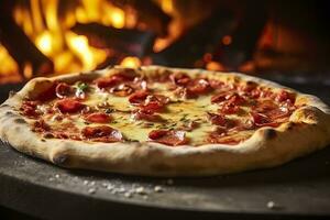 Freshly baked pizza closeup, traditional wood fired oven background. AI Generated photo