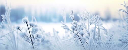 Frozen snowy grass, winter natural abstract background. beautiful winter landscape. AI Generated photo