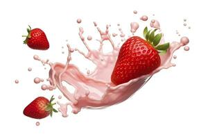 Leche o yogur chapoteo con fresas aislado en blanco fondo, 3d representación. ai generado foto