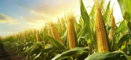 Closeup corn cobs in corn plantation field. Generative AI photo