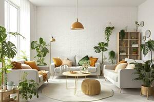 Interior of living room with sofas, tables, and houseplants. AI Generated photo