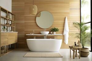 Interior of stylish bathroom with wooden cabinet, sink, bathtub, and mirror. AI Generated photo