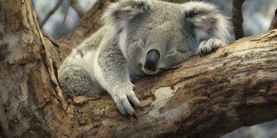Koala asleep in tree. AI Generated photo