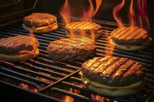 Hamburgers on the grill. AI Generated photo