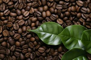 Green leaves with coffee beans as background. AI Generated photo