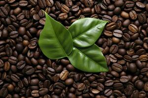 Green leaves with coffee beans as background. AI Generated photo