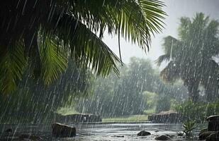 lluvia en el zona tropical durante el bajo temporada o monzón estación. gotas de lluvia en un jardín. generativo ai foto