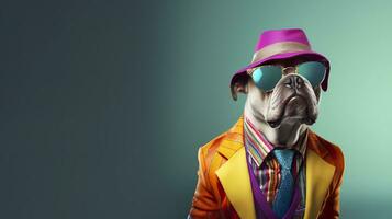 Cool looking bulldog wearing funky fashion dress. space for text right side. AI Generated photo