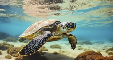 Photo of Sea turtle in the Galapagos island. Generative AI