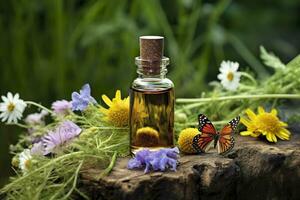 Glass Bottle of herbal essential extract, butterfly, and wildflowers on a tree stump. AI Generated photo