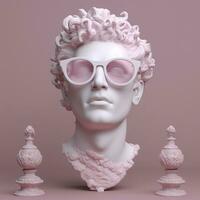 The head of a white mythological statue with fashionable pink glasses on his eyes, frame in profile. AI Generative photo