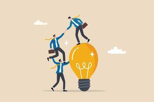 Help support team to success together, teamwork partnership to collaboration, leadership or manager to help employee reaching goal concept, businessmen help colleagues to climb up lightbulb idea. vector