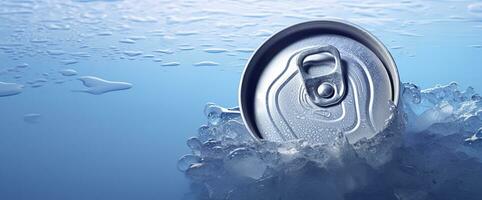 Top of drink tin can iced submerged in frost ice, metal aluminum beverage. Generative AI photo