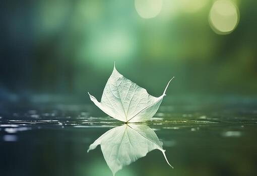 White transparent leaf on mirror surface with reflection on green background macro. Generative AI photo