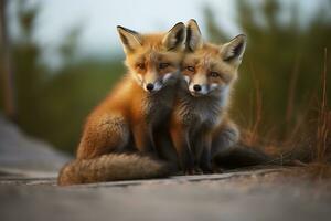 Wild baby red foxes cuddling at the beach. Generative AI photo