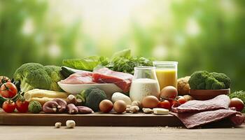 Closeup of vegetables, fruits, and meat on wooden table over green natural background. Generative AI photo