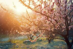 Spring blossom background. Nature scene with blooming tree and sun flare. Generative AI photo