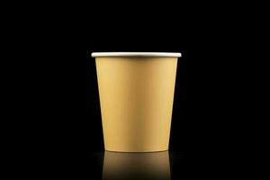 Side view yellow empty disposable paper fast food cup isolated on black background. Generative AI photo