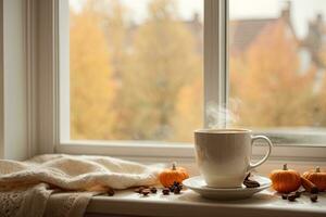 AI Generated Light photo. View from the window autumn. A cup of hot coffee with steam on the windowsill. There is a book lying there. Cozy homely atmosphere. This photo was generated using Leonardo
